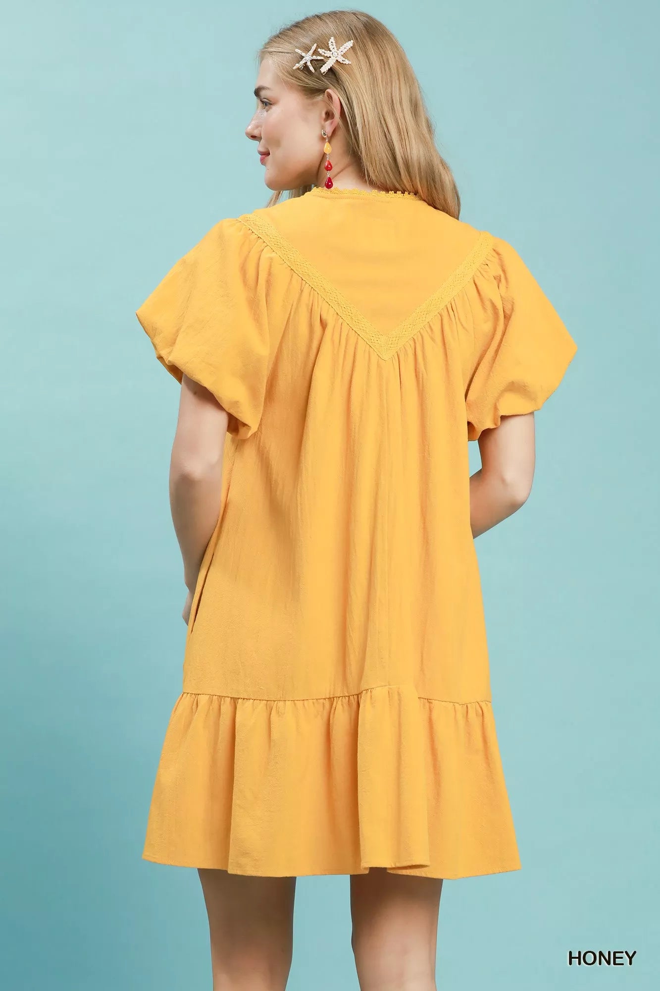 Umgee Flutter Sleeve Tassel Tie Ruffle Hem Mini Dress HONEY view 3 (dress) - umgee flutter sleeve top,  - shop at us.meeeshop
