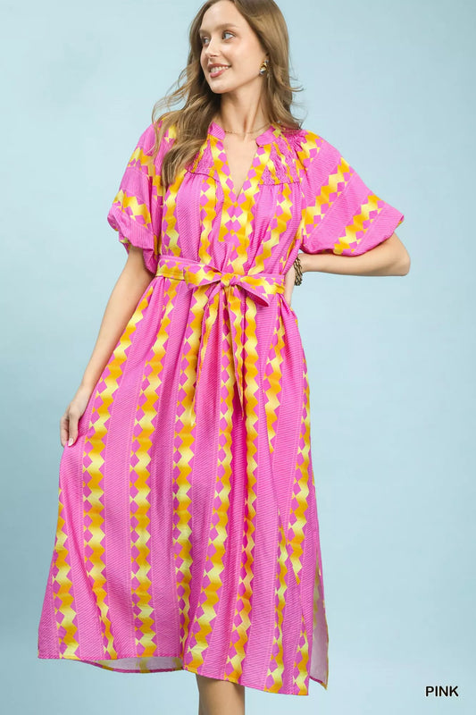 umgee geo stripe Umgee Geo Stripe Smocked Waist Tie Dress PINK (dress) - shop at us.meeeshop