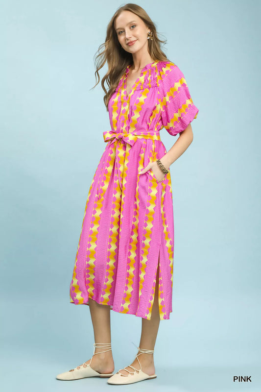 umgee geo stripe Umgee Geo Stripe Smocked Waist Tie Dress view 2 (dress) - shop at us.meeeshop
