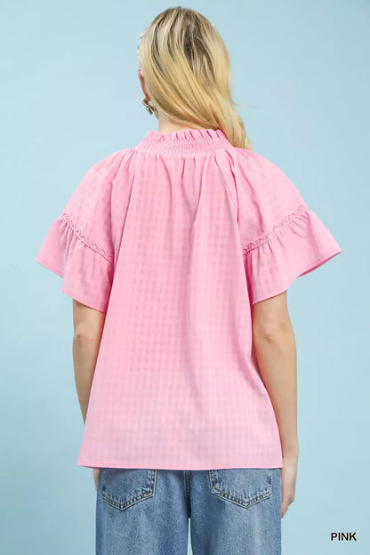 umgee gingham puff Umgee Gingham Puff Sleeve Top with Lace Trim view 2 (top) - shop at us.meeeshop