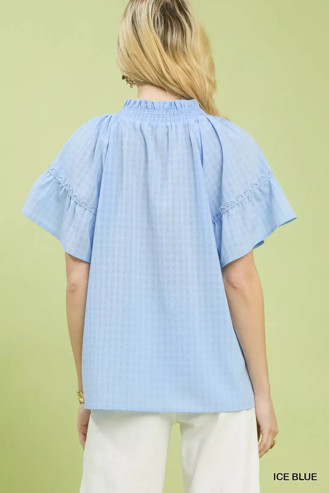 umgee gingham puff Umgee Gingham Puff Sleeve Top with Lace Trim view 3 (top) - shop at us.meeeshop