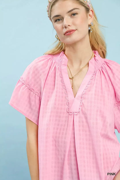 umgee gingham puff Umgee Gingham Puff Sleeve Top with Lace Trim view 3 (top) - shop at us.meeeshop