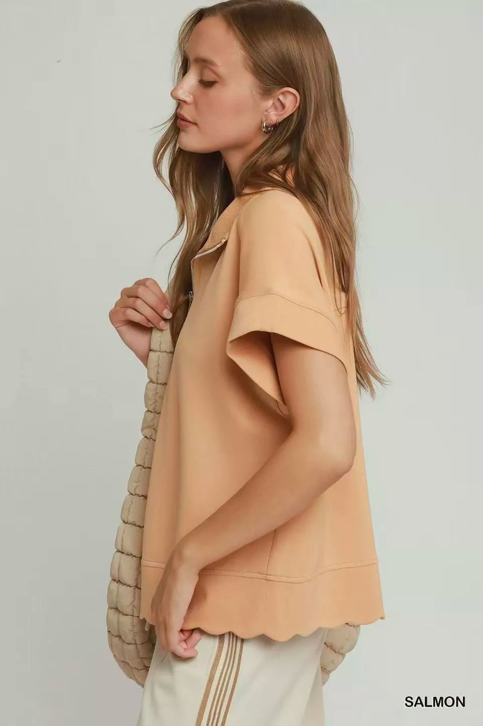 umgee half zip Umgee Half Zip Pullover with Scalloped Edge Hem view 2 (layer) - shop at us.meeeshop