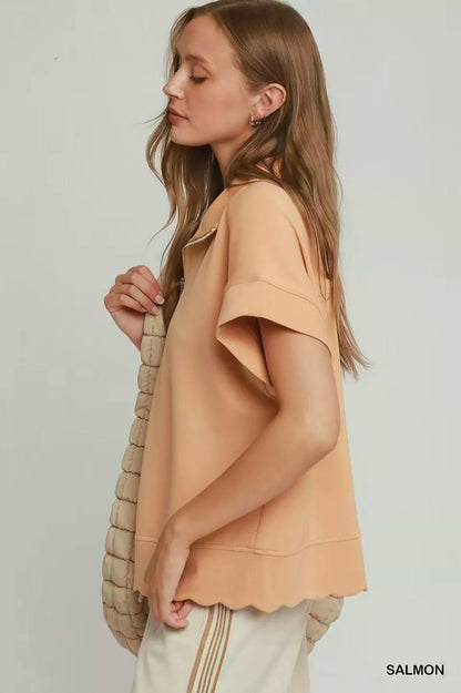 umgee half zip Umgee Half Zip Pullover with Scalloped Edge Hem view 2 (layer) - shop at us.meeeshop