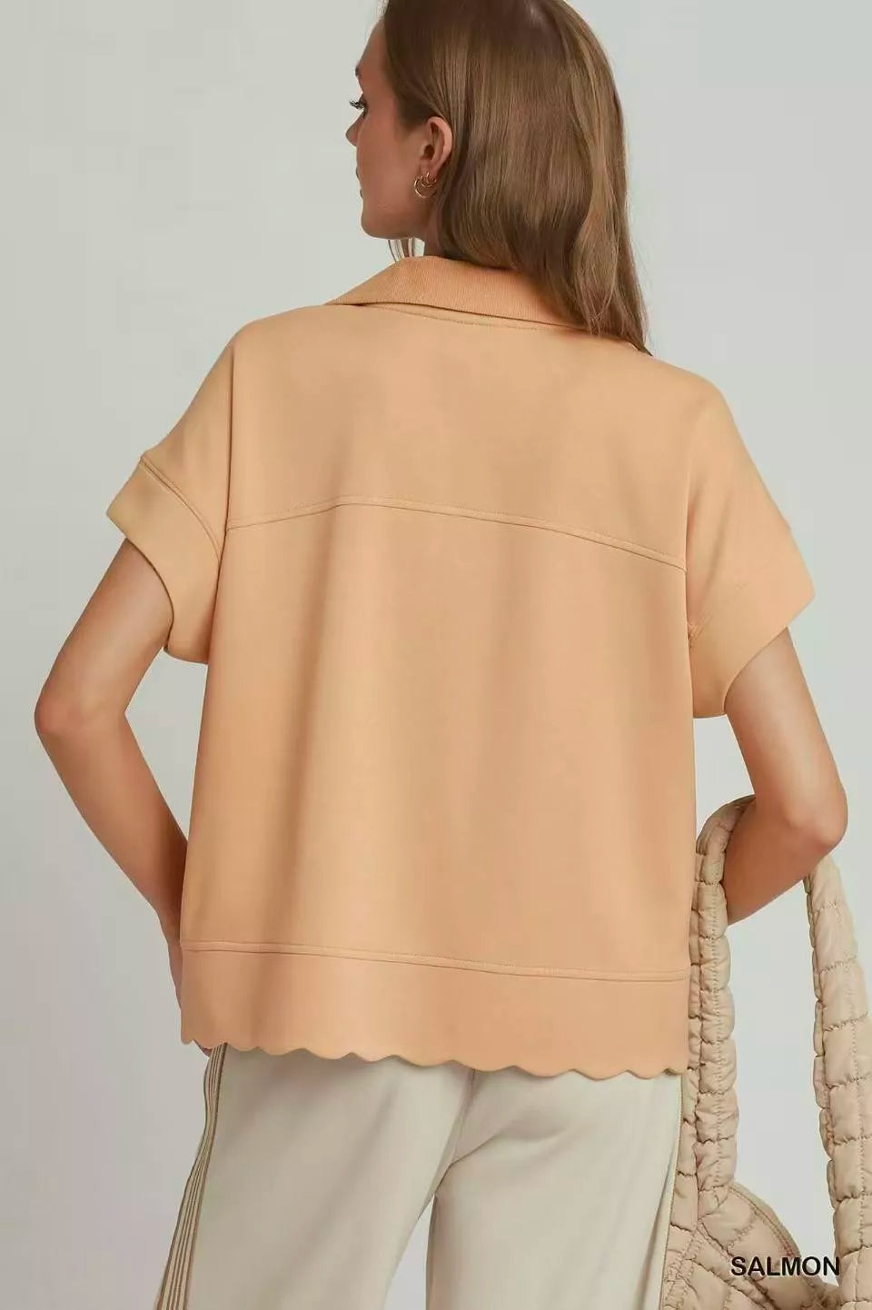 umgee half zip Umgee Half Zip Pullover with Scalloped Edge Hem view 3 (layer) - shop at us.meeeshop