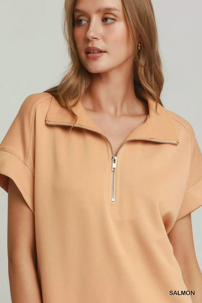 umgee half zip Umgee Half Zip Pullover with Scalloped Edge Hem view 4 (layer) - shop at us.meeeshop