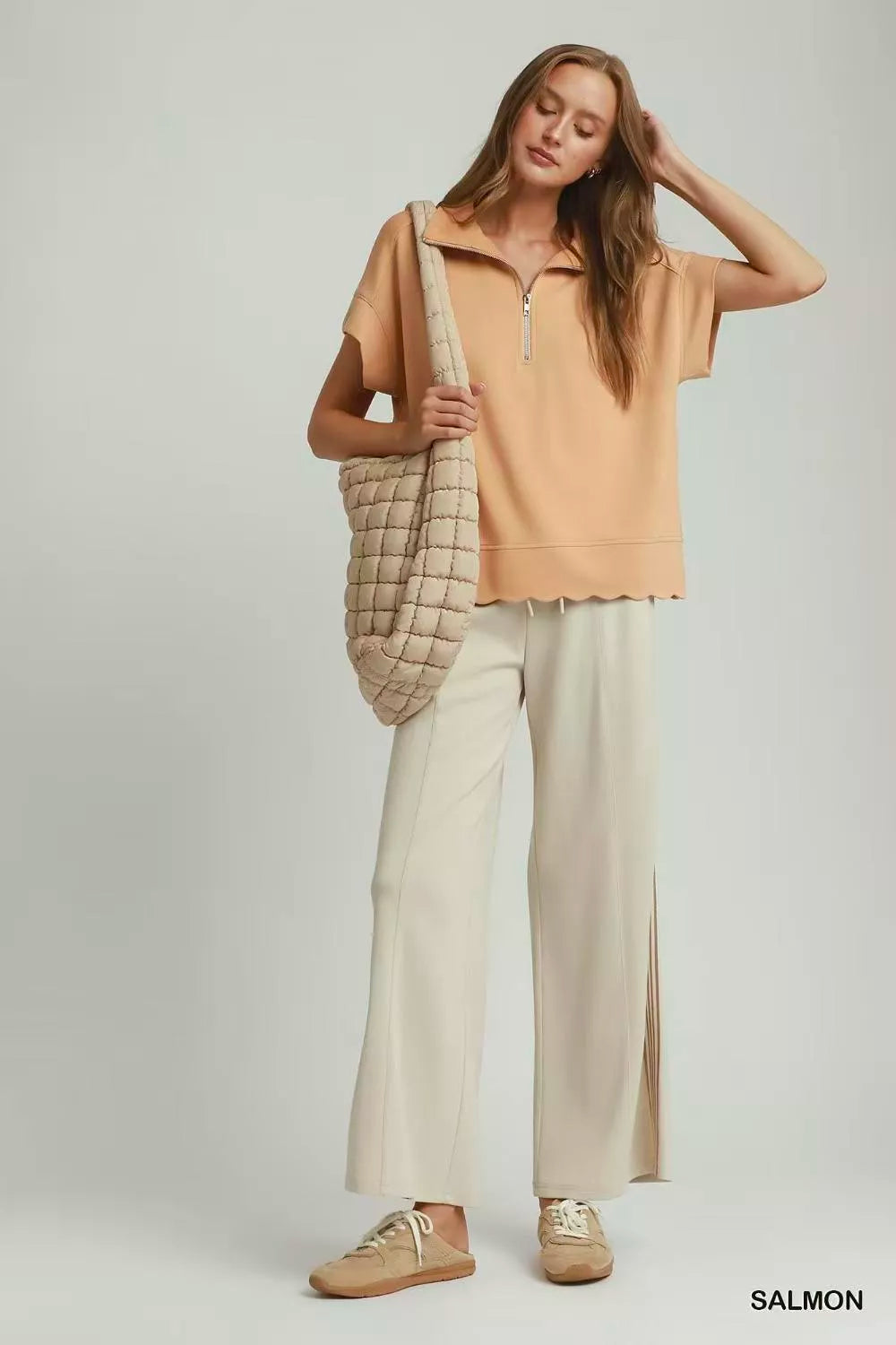 umgee half zip Umgee Half Zip Pullover with Scalloped Edge Hem view 5 (layer) - shop at us.meeeshop