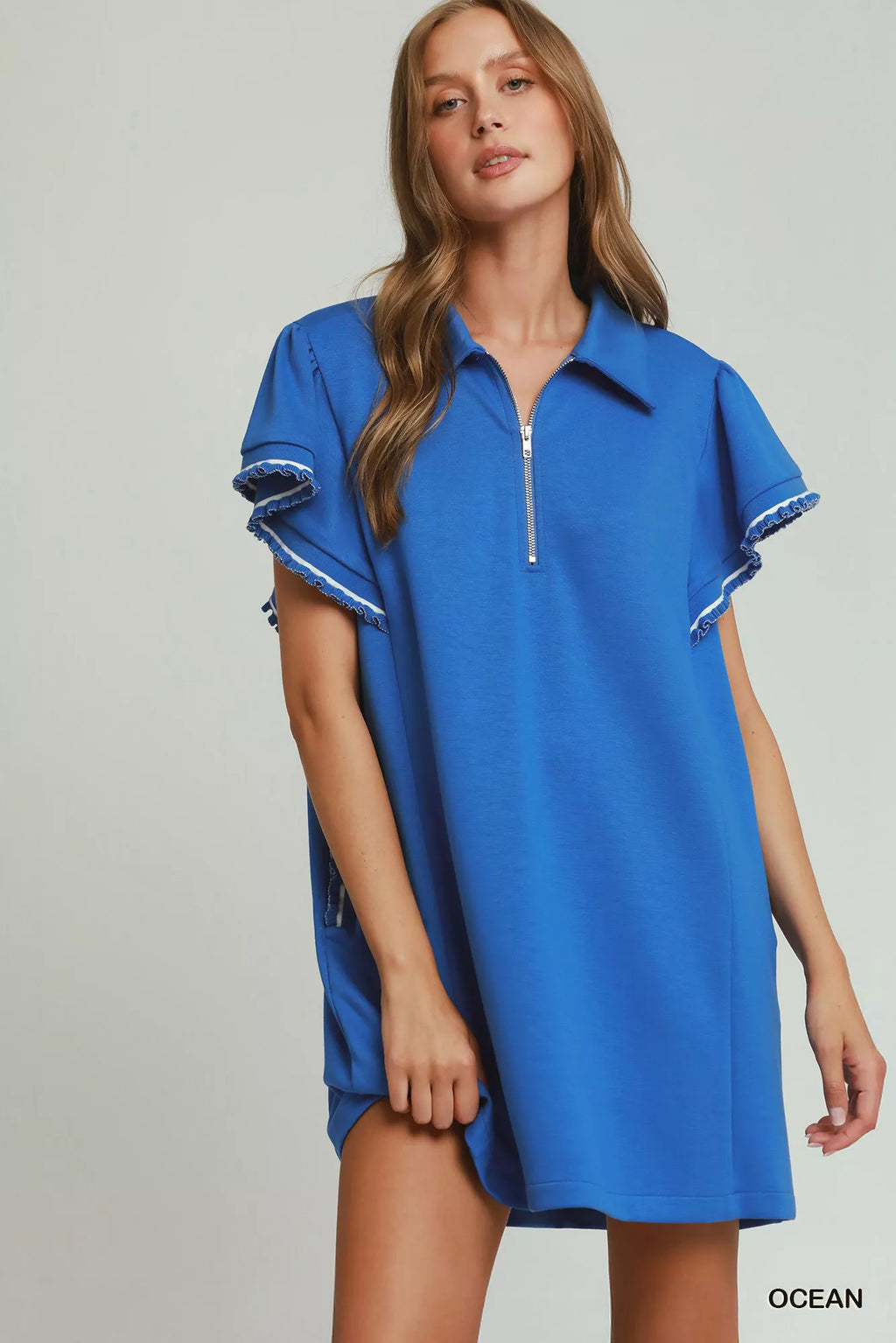 Umgee Half Zip Ruffle Rib Band Butterfy Sleeve Mini Dress with Pockets OCEAN (dress) - pockets dress, m - shop at us.meeeshop