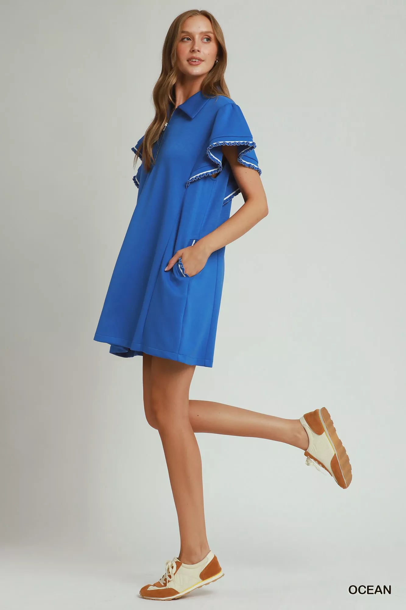 Umgee Half Zip Ruffle Rib Band Butterfy Sleeve Mini Dress with Pockets OCEAN view 2 (dress) - shop at us.meeeshop
