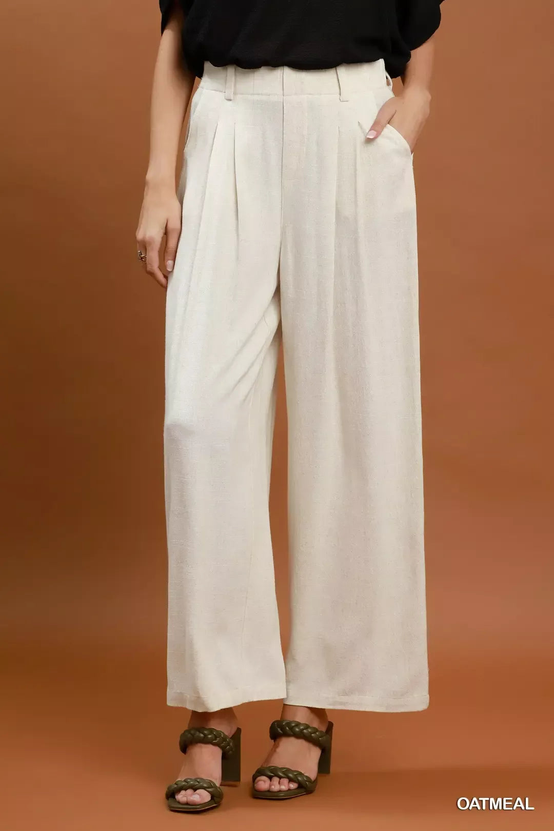 Umgee High Waist Linen Blend Wide Leg Trousers OATMEAL (bottom) - leg trousers, wide leg trousers - shop at us.meeeshop