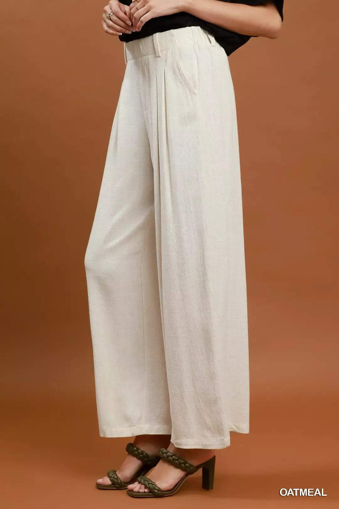 Umgee High Waist Linen Blend Wide Leg Trousers OATMEAL view 2 (bottom) - leg trousers, wide leg trouser - shop at us.meeeshop