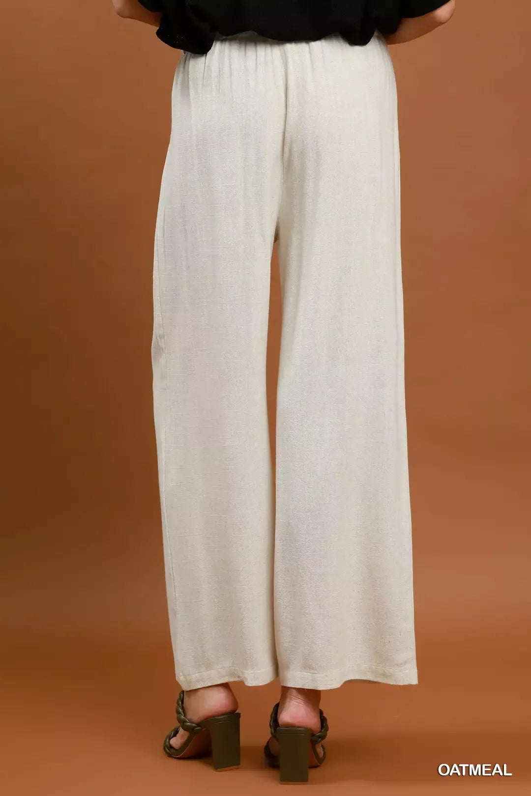 Umgee High Waist Linen Blend Wide Leg Trousers OATMEAL view 3 (bottom) - leg trousers, wide leg trouser - shop at us.meeeshop