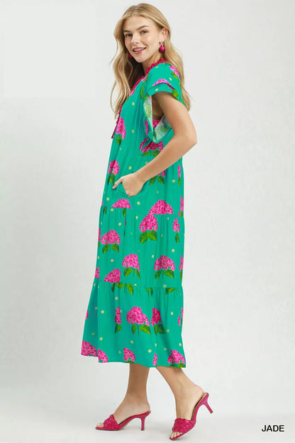 umgee hydrangea print Umgee Hydrangea Print Tiered Midi Dress view 3 (dress) - shop at us.meeeshop