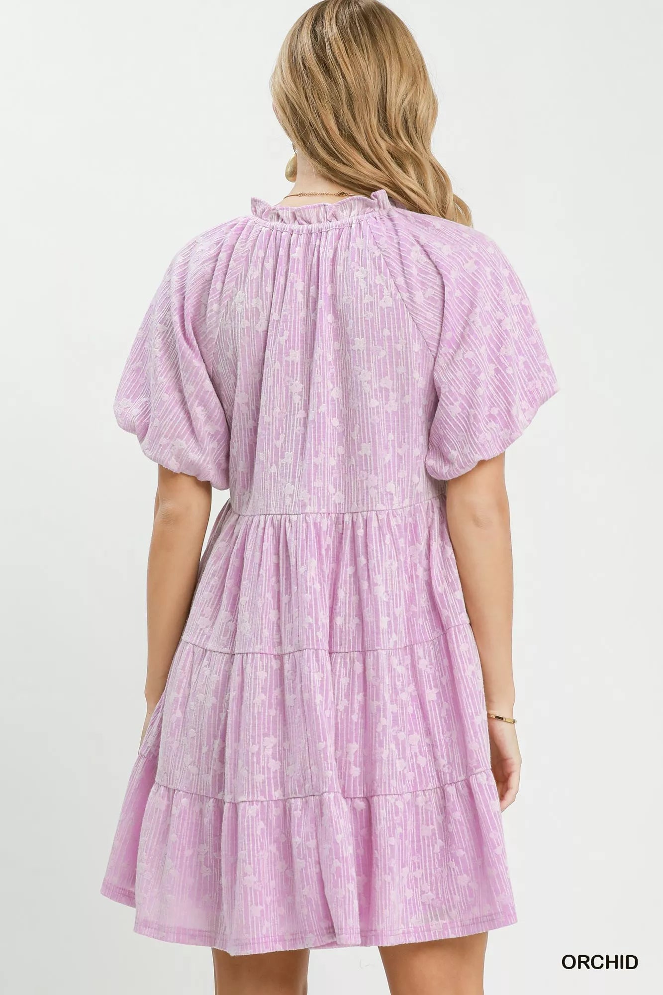Umgee Jacquard Puff Sleeve Mini Dress ORCHID view 3 (dress) - umgee swiss dot jacquard dress, what is a - shop at us.meeeshop