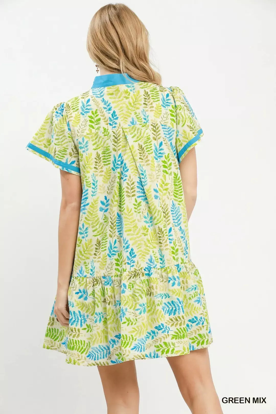 Umgee Leaf Print Flutter Sleeve Tiered Mini Dress GREEN MIX view 3 (dress) - mini dress, tiered mini dr - shop at us.meeeshop