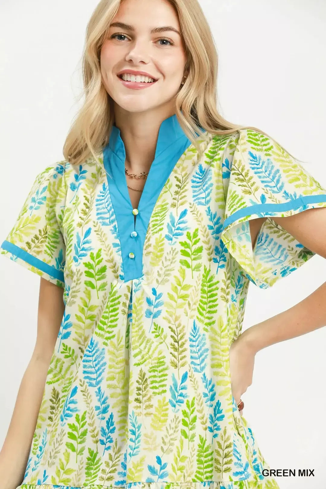 Umgee Leaf Print Flutter Sleeve Tiered Mini Dress view 4 (dress) - mini dress, tiered mini dress - shop at us.meeeshop