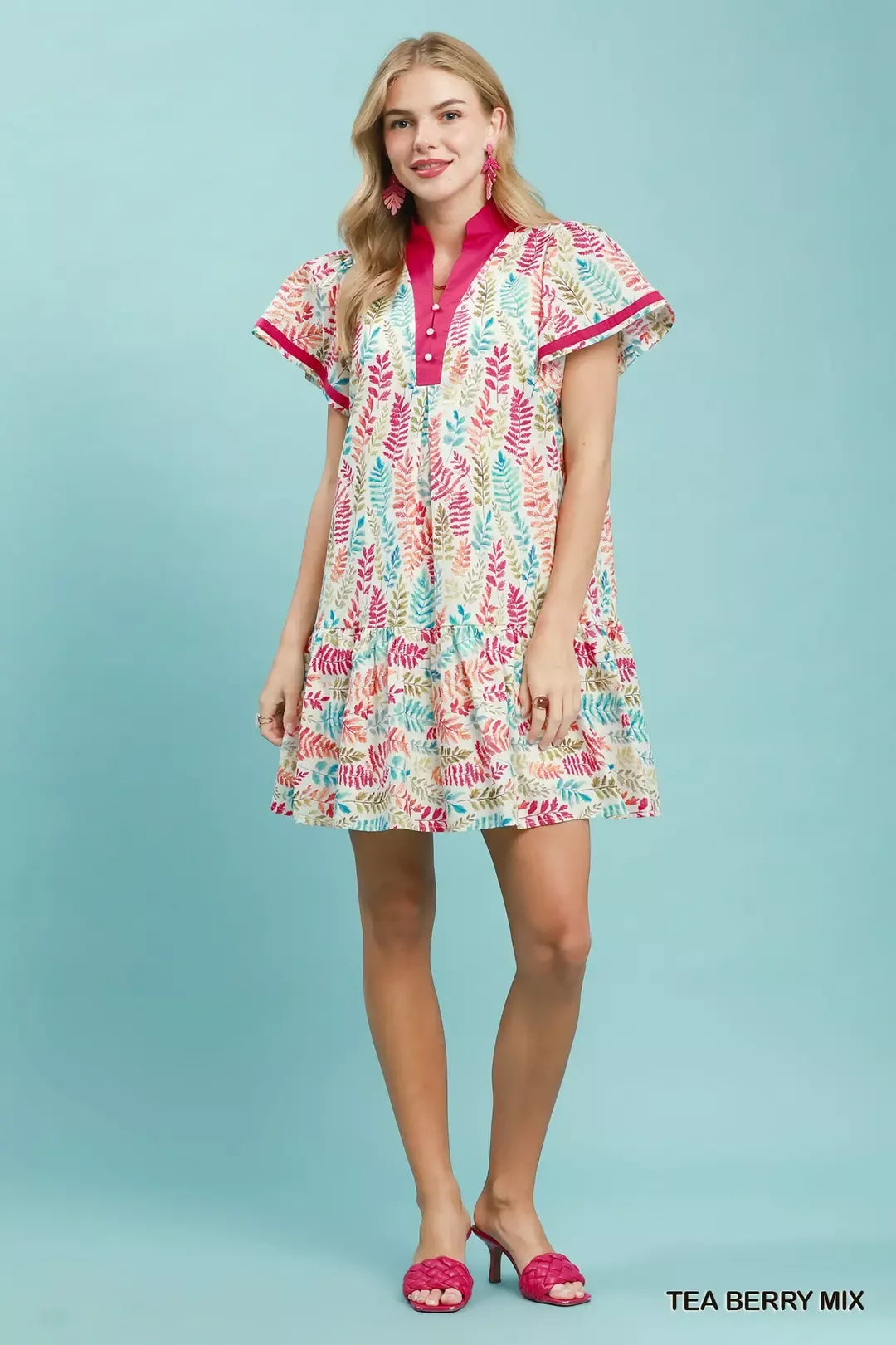 umgee leaf print Umgee Leaf Print Flutter Sleeve Tiered Mini Dress view 5 (dress) - shop at us.meeeshop