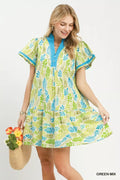 Umgee Leaf Print Flutter Sleeve Tiered Mini Dress GREEN MIX (dress) - mini dress, tiered mini dress - shop at us.meeeshop