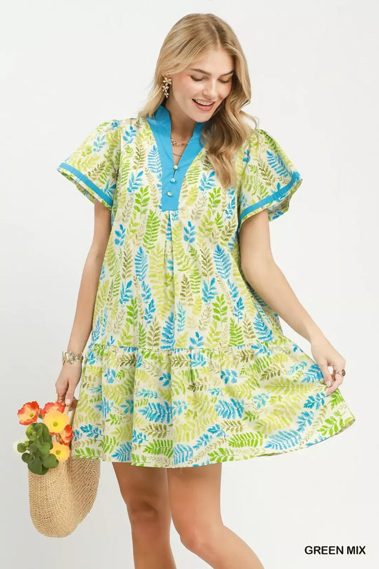 umgee leaf print Umgee Leaf Print Flutter Sleeve Tiered Mini Dress GREEN MIX (dress) - shop at us.meeeshop