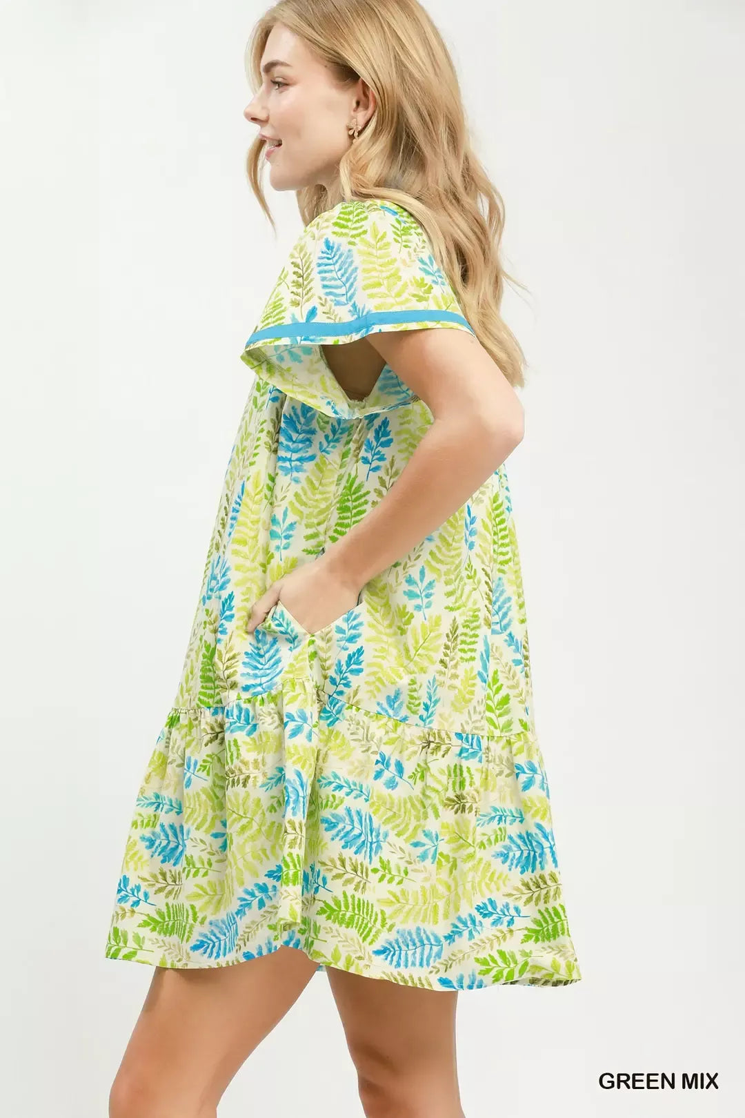 Umgee Leaf Print Flutter Sleeve Tiered Mini Dress GREEN MIX view 2 (dress) - mini dress, tiered mini dr - shop at us.meeeshop