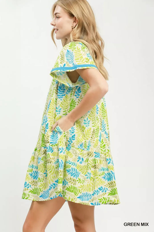 umgee leaf print Umgee Leaf Print Flutter Sleeve Tiered Mini Dress view 2 (dress) - shop at us.meeeshop