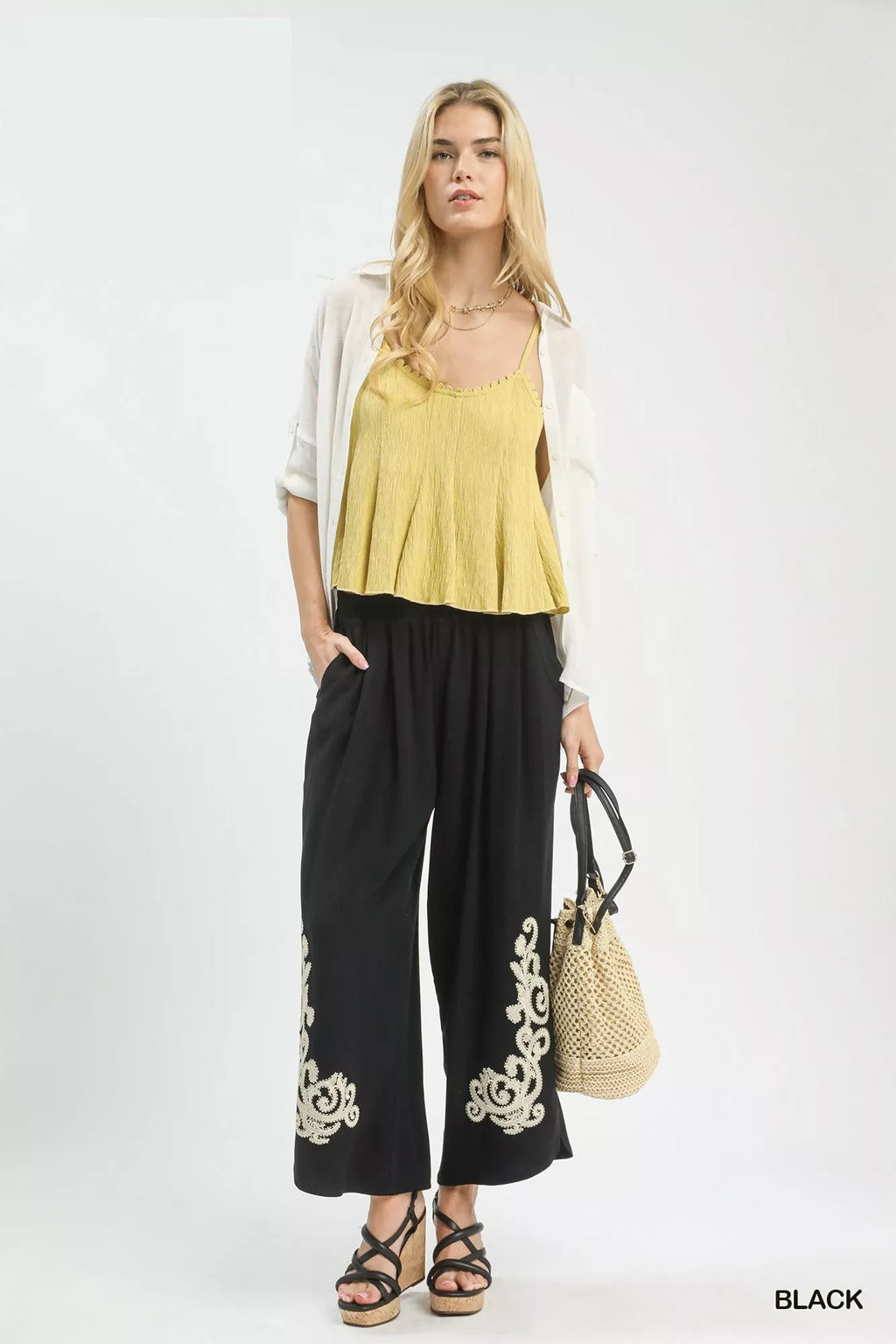 Umgee Linen Embroidered Wide-leg Boho Pants BLACK view 3 (bottom) - umgee frayed linen pants, umgee lin - shop at us.meeeshop