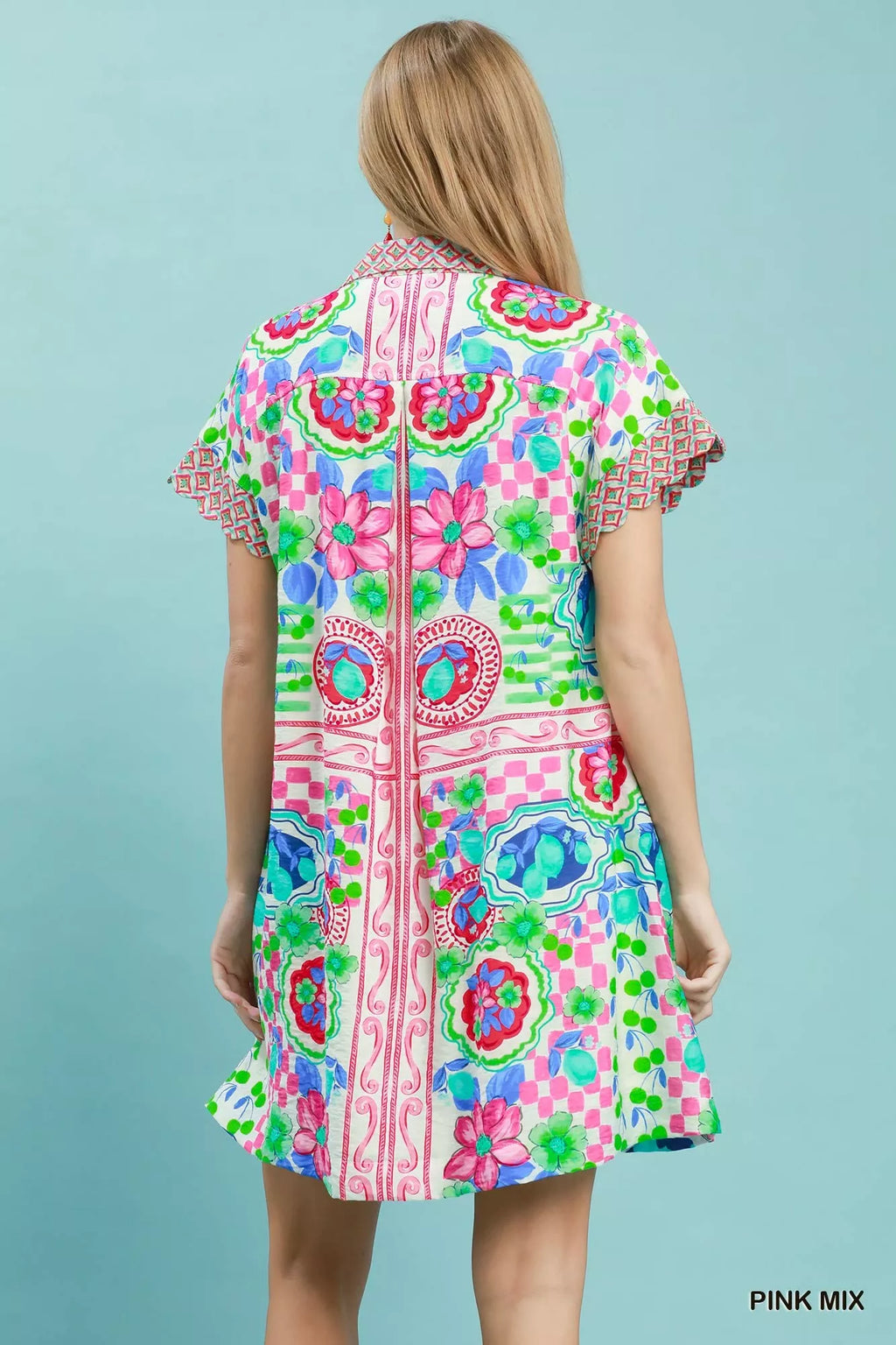 Umgee Mediterranean Print Dress with Contrast Printed Trim PINK MIX view 3 (dress) - trim dress, printe - shop at us.meeeshop