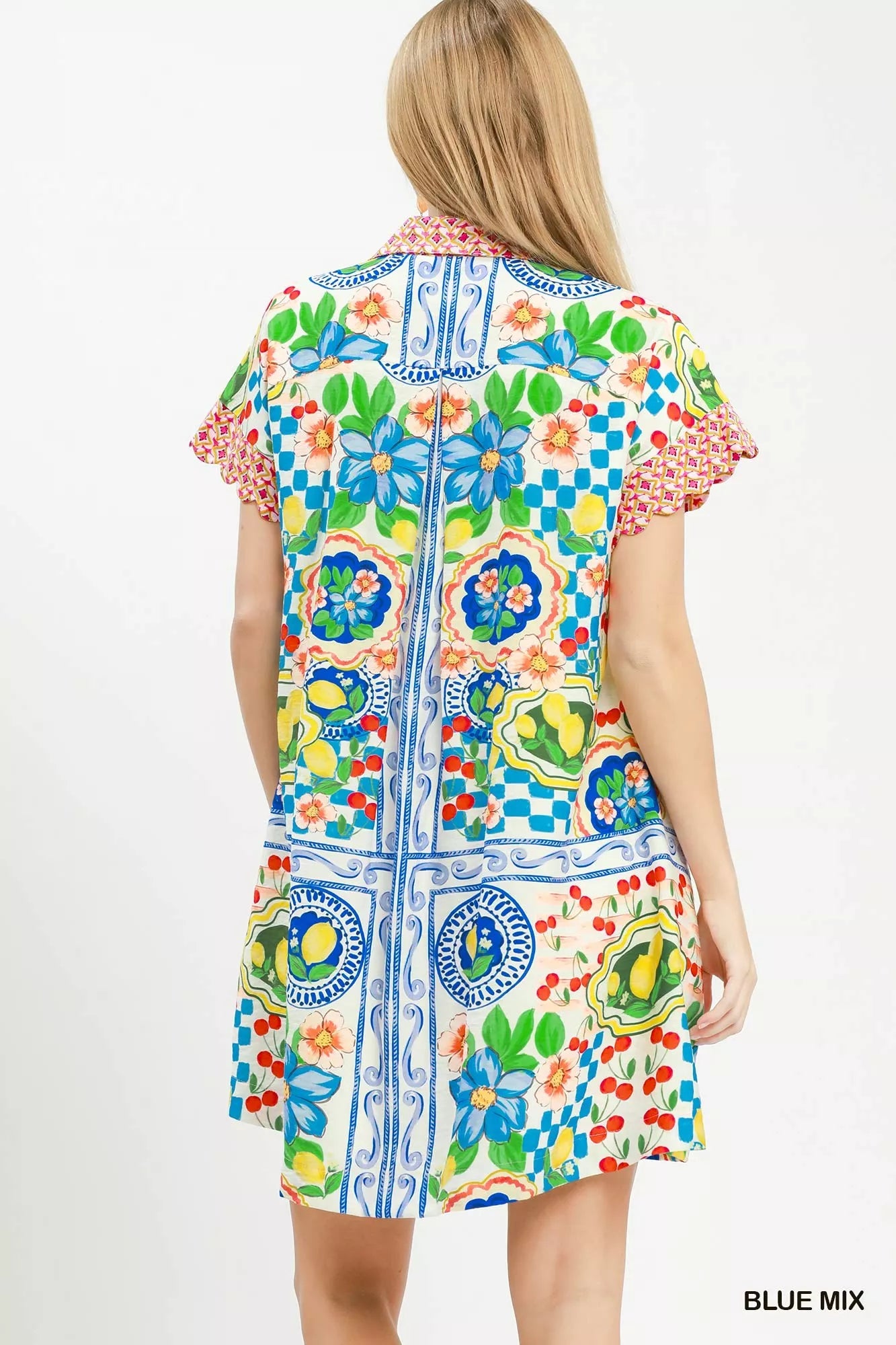 Umgee Mediterranean Print Dress with Contrast Printed Trim BLUE MIX view 3 (dress) - umgee, what brand  - shop at us.meeeshop