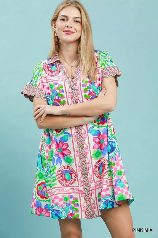 umgee mediterranean print Umgee Mediterranean Print Dress with Contrast Printed Trim PINK MIX (dress) - shop at us.meeeshop
