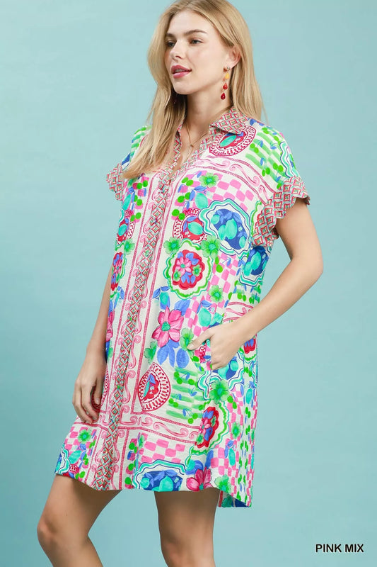 umgee mediterranean print Umgee Mediterranean Print Dress with Contrast Printed Trim view 2 (dress) - shop at us.meeeshop