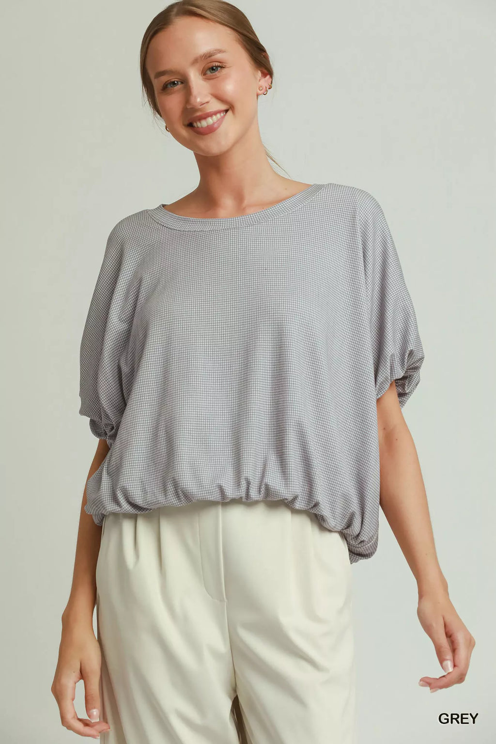 Umgee Mini Texture Checkered Bubble Hem Top GREY (top) - hem top, bubble hem top - shop at us.meeeshop