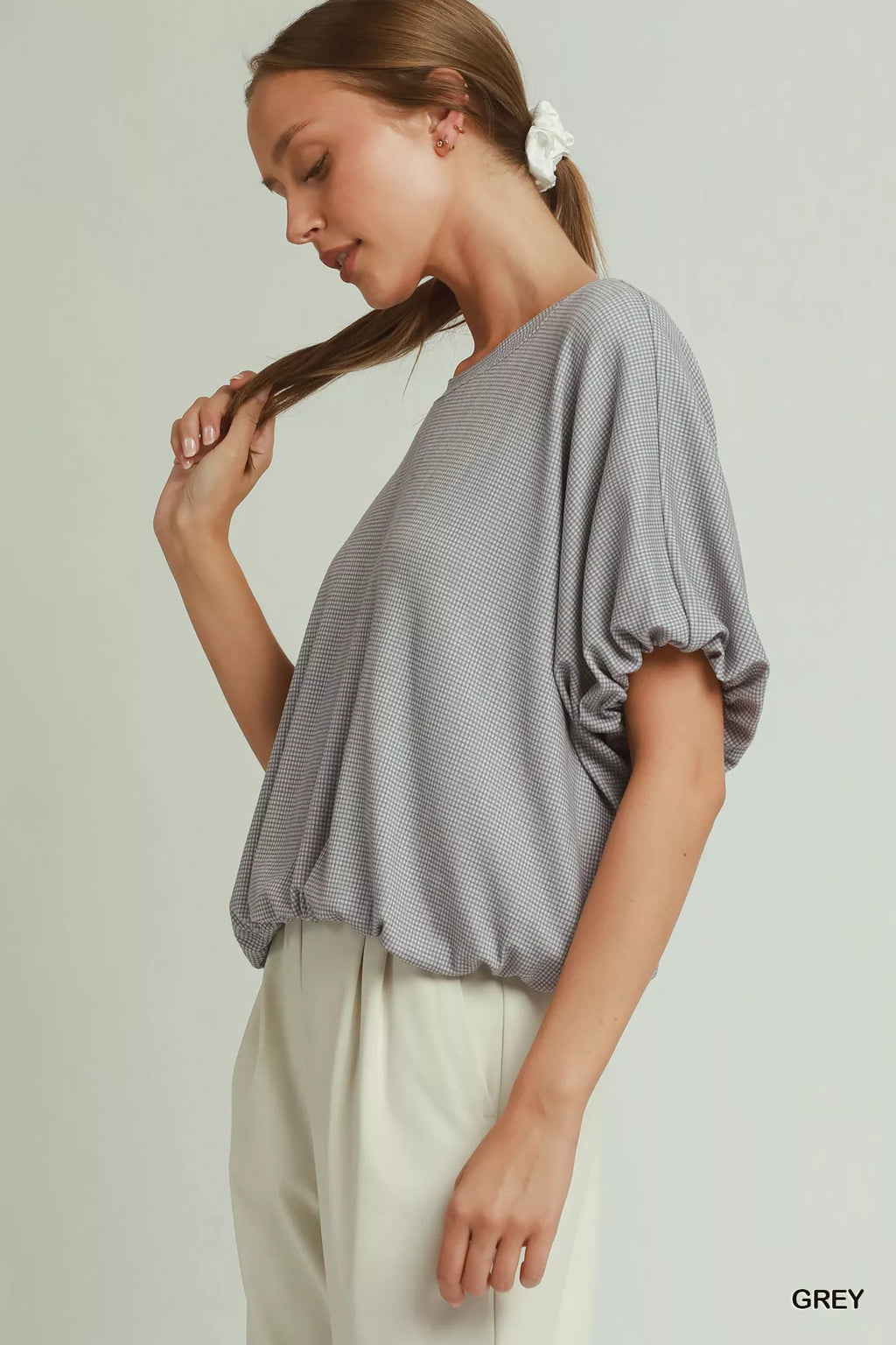Umgee Mini Texture Checkered Bubble Hem Top GREY view 2 (top) - hem top, bubble hem top - shop at us.meeeshop