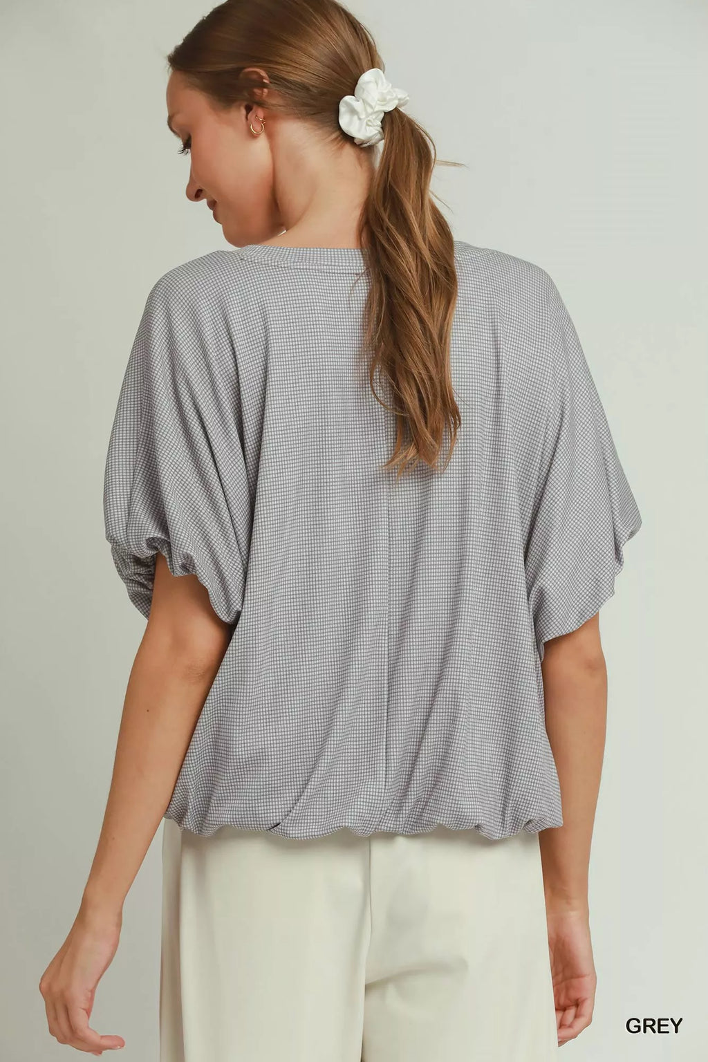 Umgee Mini Texture Checkered Bubble Hem Top GREY view 3 (top) - hem top, bubble hem top - shop at us.meeeshop