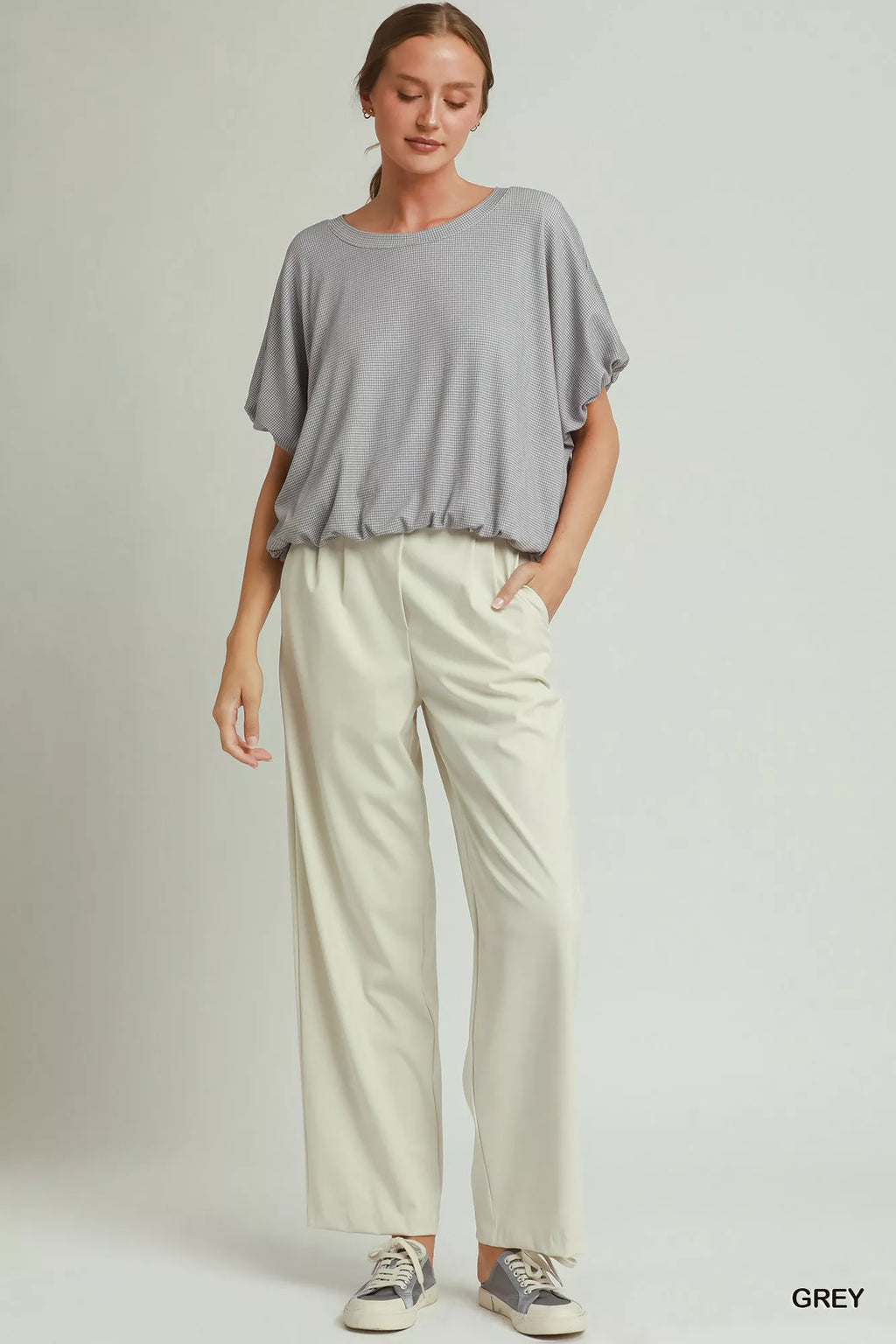 Umgee Mini Texture Checkered Bubble Hem Top view 4 (top) - hem top, bubble hem top - shop at us.meeeshop