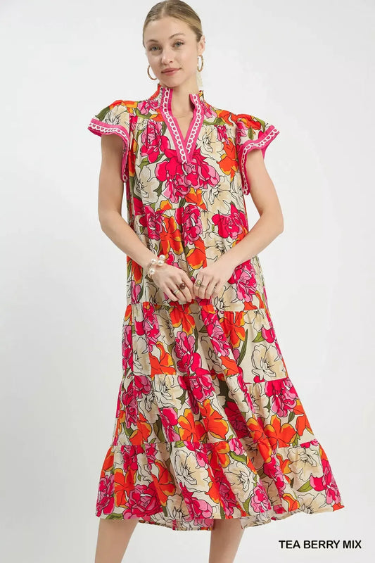 Umgee Mix Bold Floral Tiered Midi Dress in TEA BERRY MIX - Umgee Maxi Dress