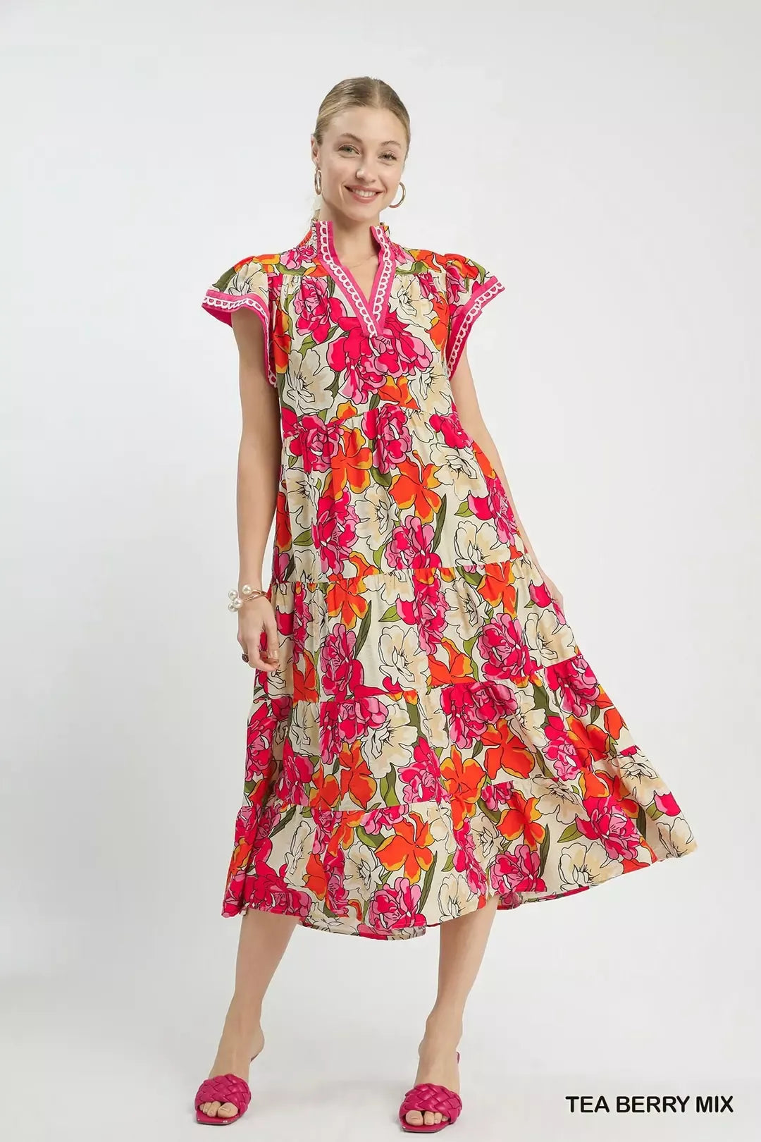 Umgee Mix Bold Floral Tiered Midi Dress in TEA BERRY MIX view 2 - Umgee Maxi Dress