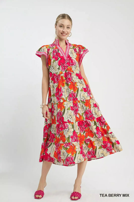 Umgee Mix Bold Floral Tiered Midi Dress in TEA BERRY MIX view 2 - Umgee Maxi Dress