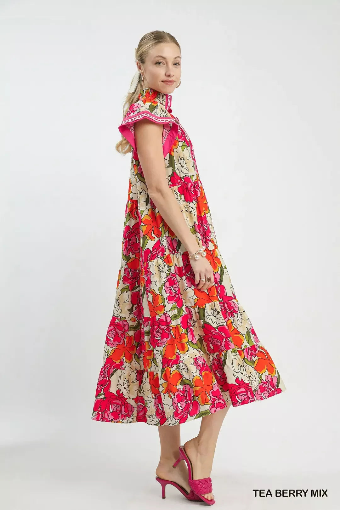 Umgee Mix Bold Floral Tiered Midi Dress in TEA BERRY MIX view 3 - Umgee Maxi Dress