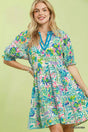 Umgee Mix Botanical Print Puff Sleeve Tiered Dress