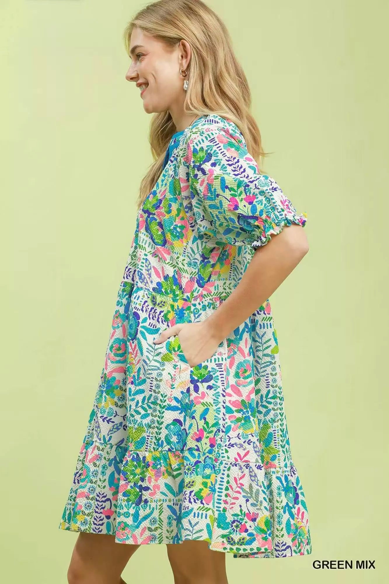 umgee mix botanical Umgee Mix Botanical Print Puff Sleeve Tiered Dress view 2 (dress) - shop at us.meeeshop
