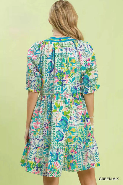umgee mix botanical Umgee Mix Botanical Print Puff Sleeve Tiered Dress view 3 (dress) - shop at us.meeeshop