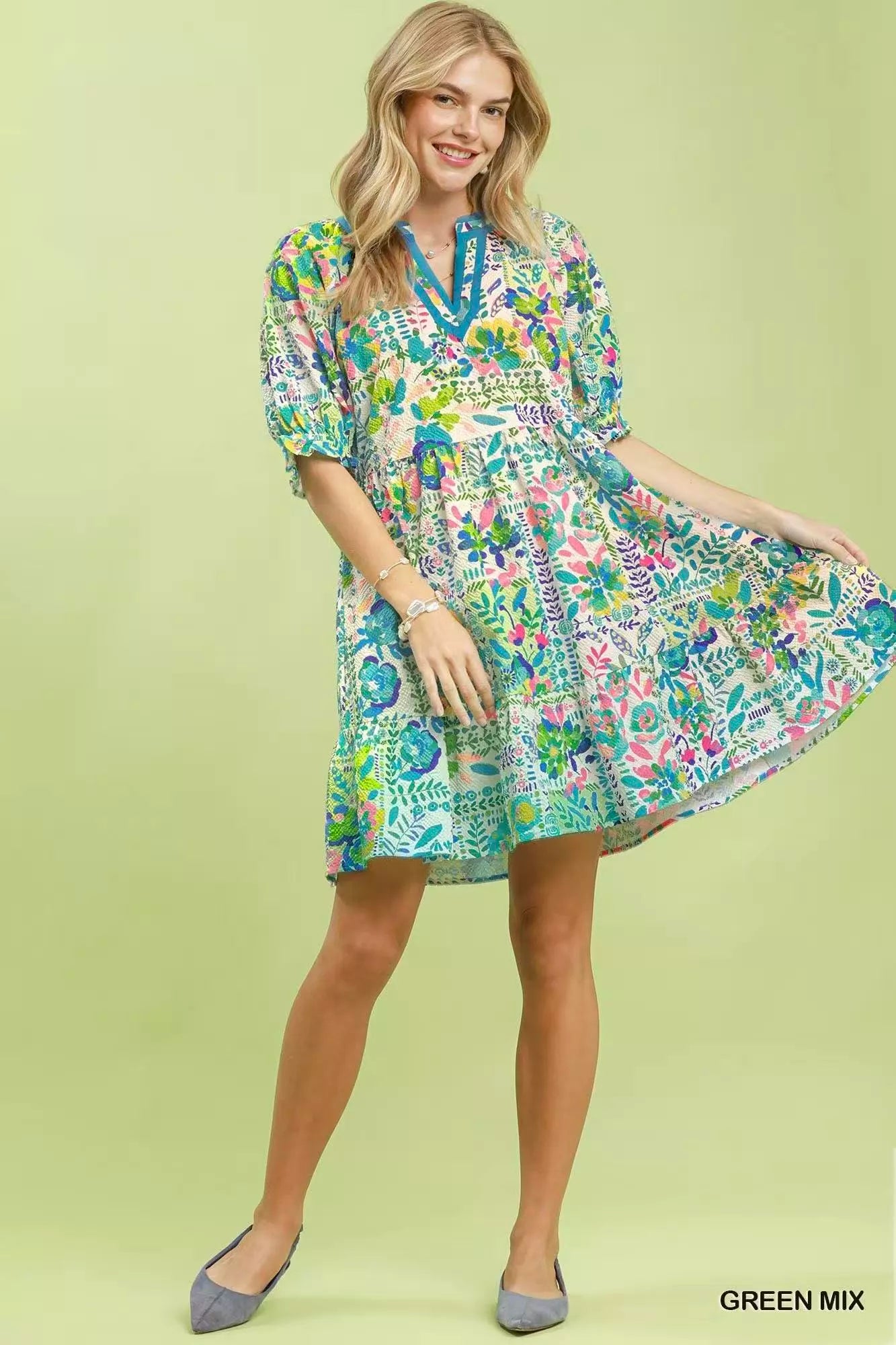 umgee mix botanical Umgee Mix Botanical Print Puff Sleeve Tiered Dress view 4 (dress) - shop at us.meeeshop