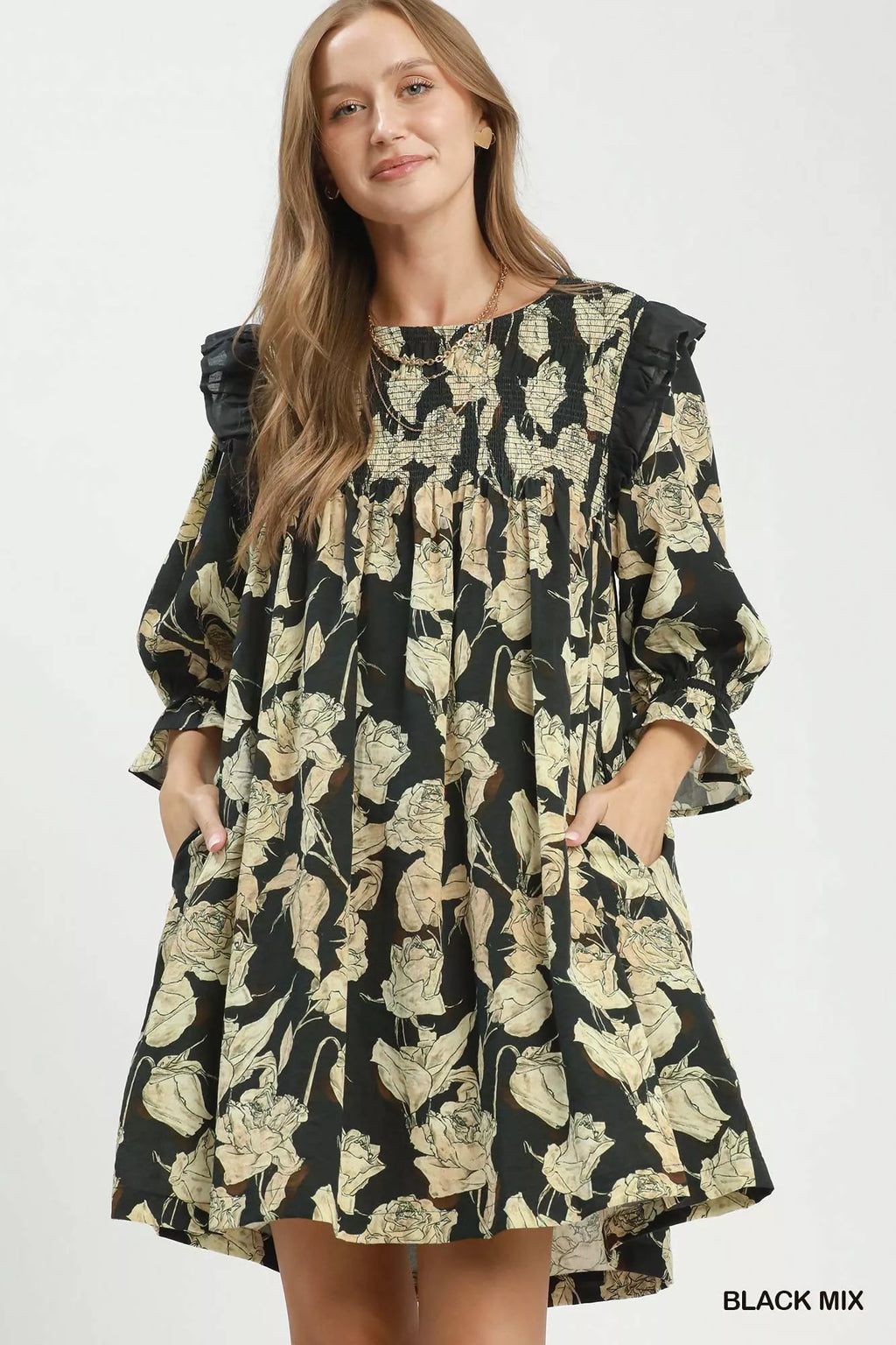 Umgee Mix Floral Print Smocked Ruffle Detail Flowy Dress BLACK MIX (dress) - umgee maxi dress, umgee ma - shop at us.meeeshop