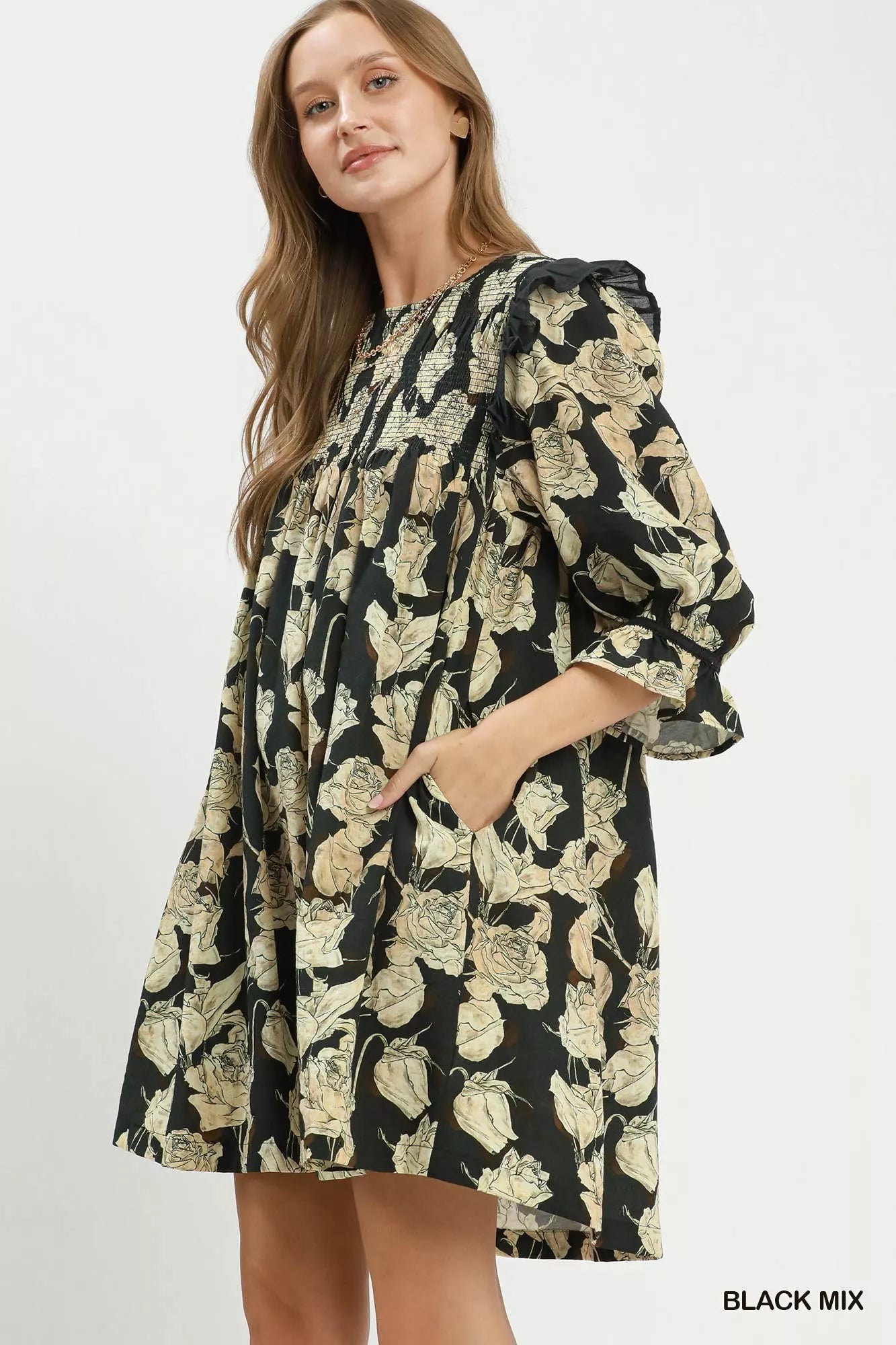 Umgee Mix Floral Print Smocked Ruffle Detail Flowy Dress BLACK MIX view 2 (dress) - umgee maxi dress, u - shop at us.meeeshop
