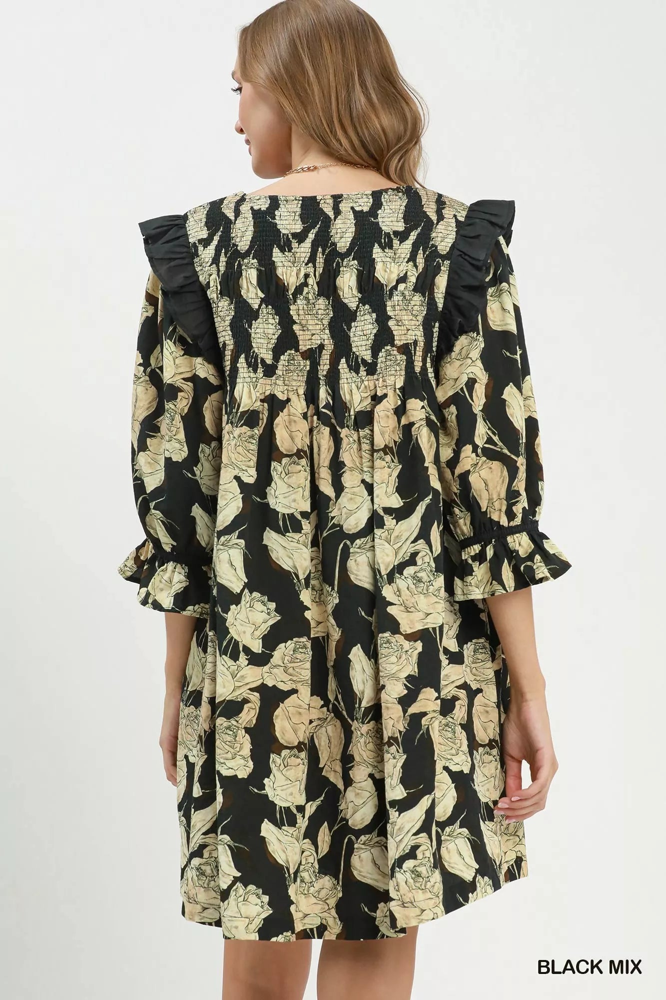 Umgee Mix Floral Print Smocked Ruffle Detail Flowy Dress BLACK MIX view 3 (dress) - umgee maxi dress, u - shop at us.meeeshop