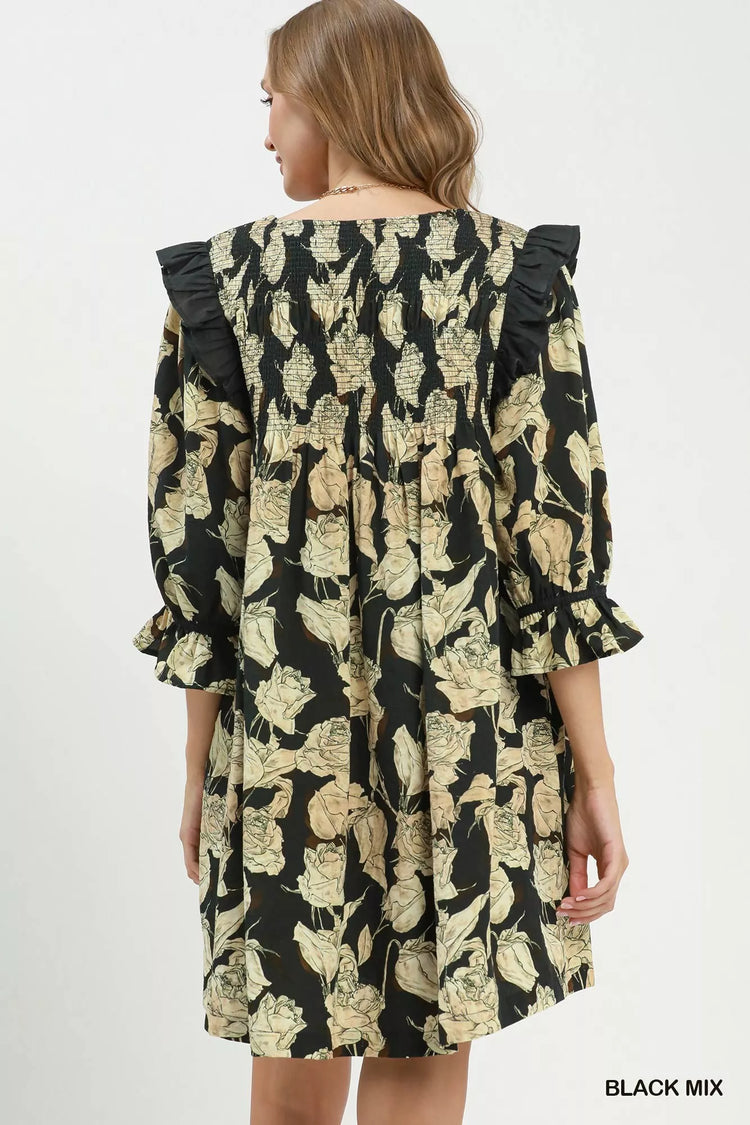 Umgee Mix Floral Print Smocked Ruffle Detail Flowy Dress BLACK MIX view 3 (dress) - umgee maxi dress, u - shop at us.meeeshop