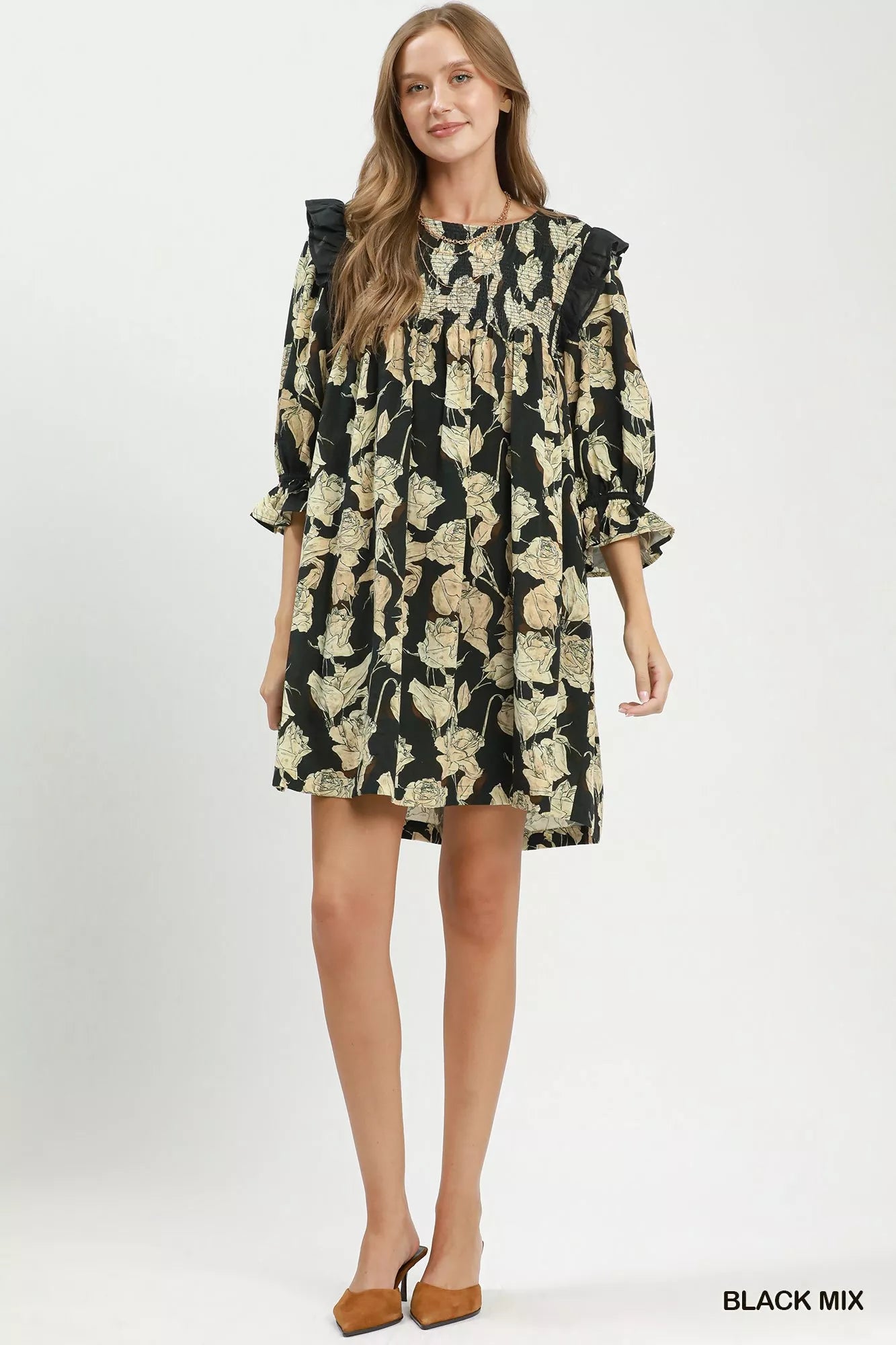 Umgee Mix Floral Print Smocked Ruffle Detail Flowy Dress view 4 (dress) - umgee maxi dress, umgee maxi  - shop at us.meeeshop