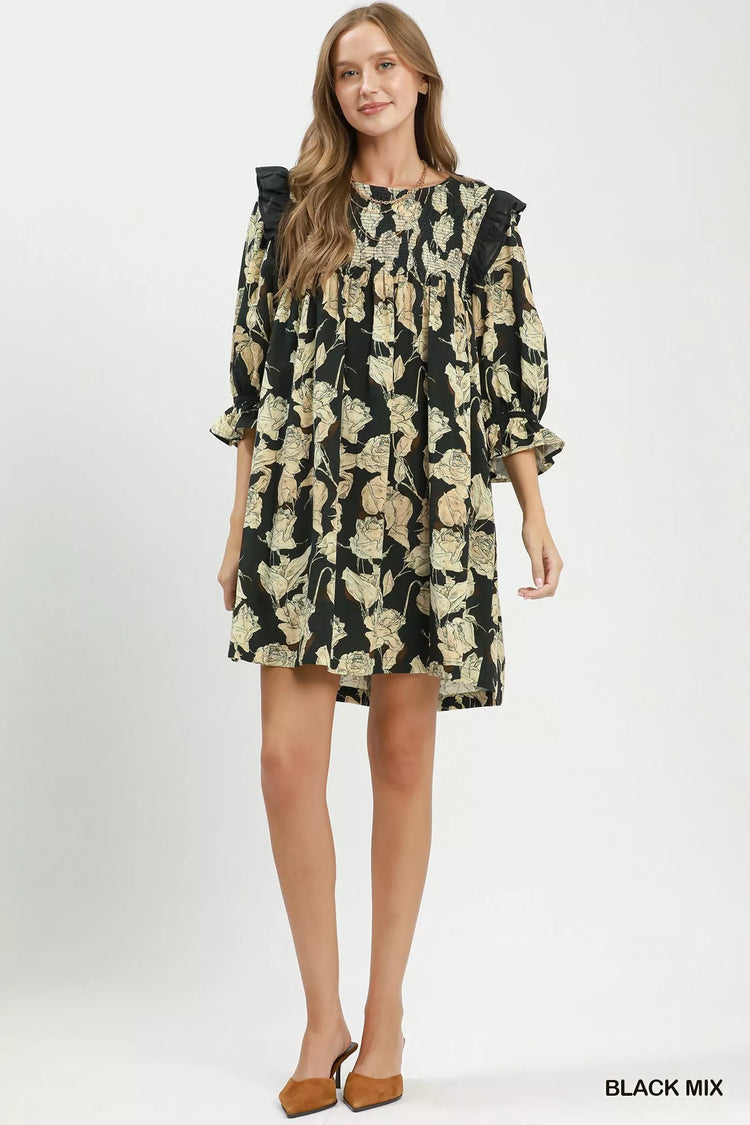 Umgee Mix Floral Print Smocked Ruffle Detail Flowy Dress view 4 (dress) - umgee maxi dress, umgee maxi  - shop at us.meeeshop