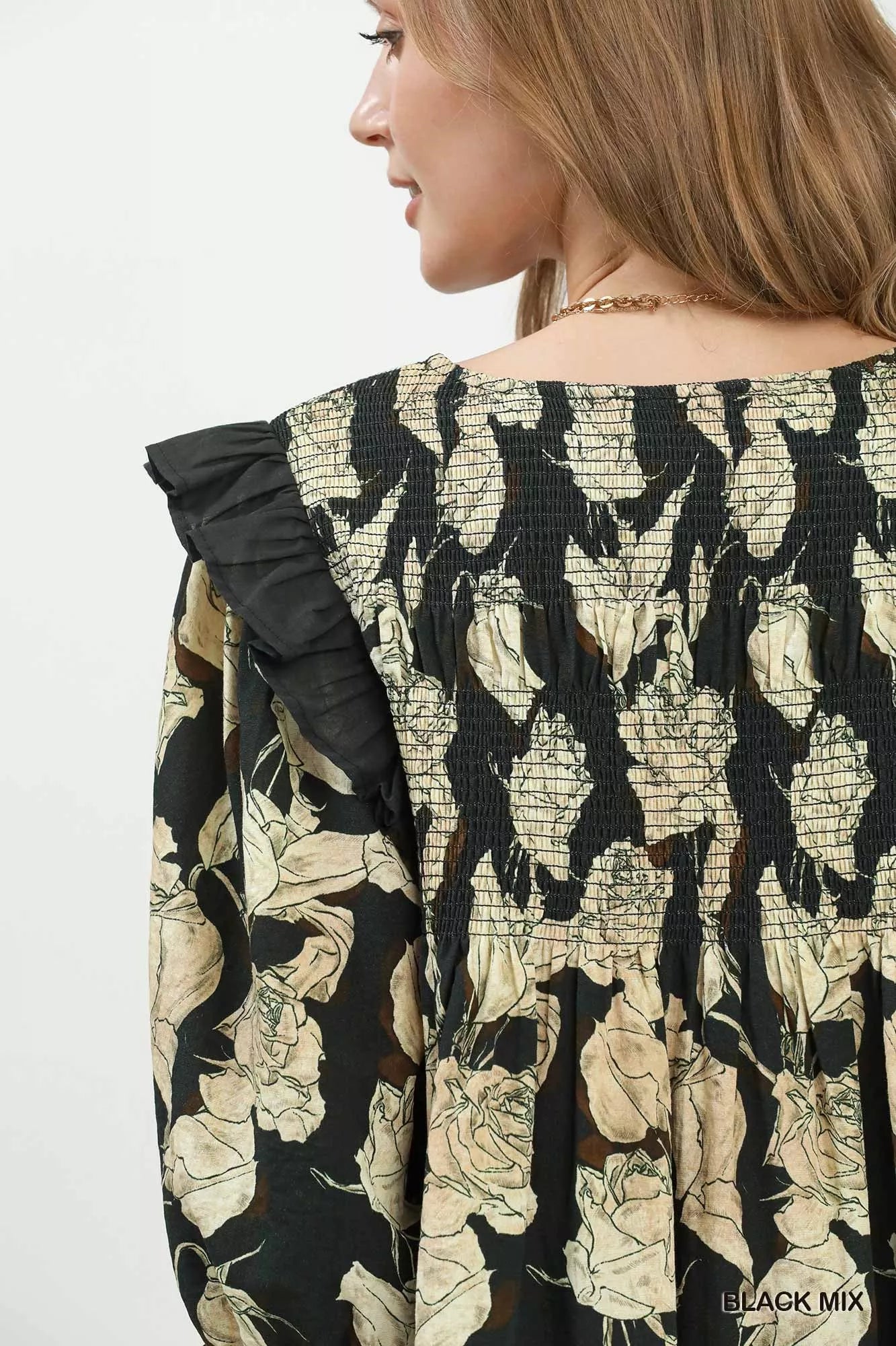 Umgee Mix Floral Print Smocked Ruffle Detail Flowy Dress view 5 (dress) - umgee maxi dress, umgee maxi  - shop at us.meeeshop