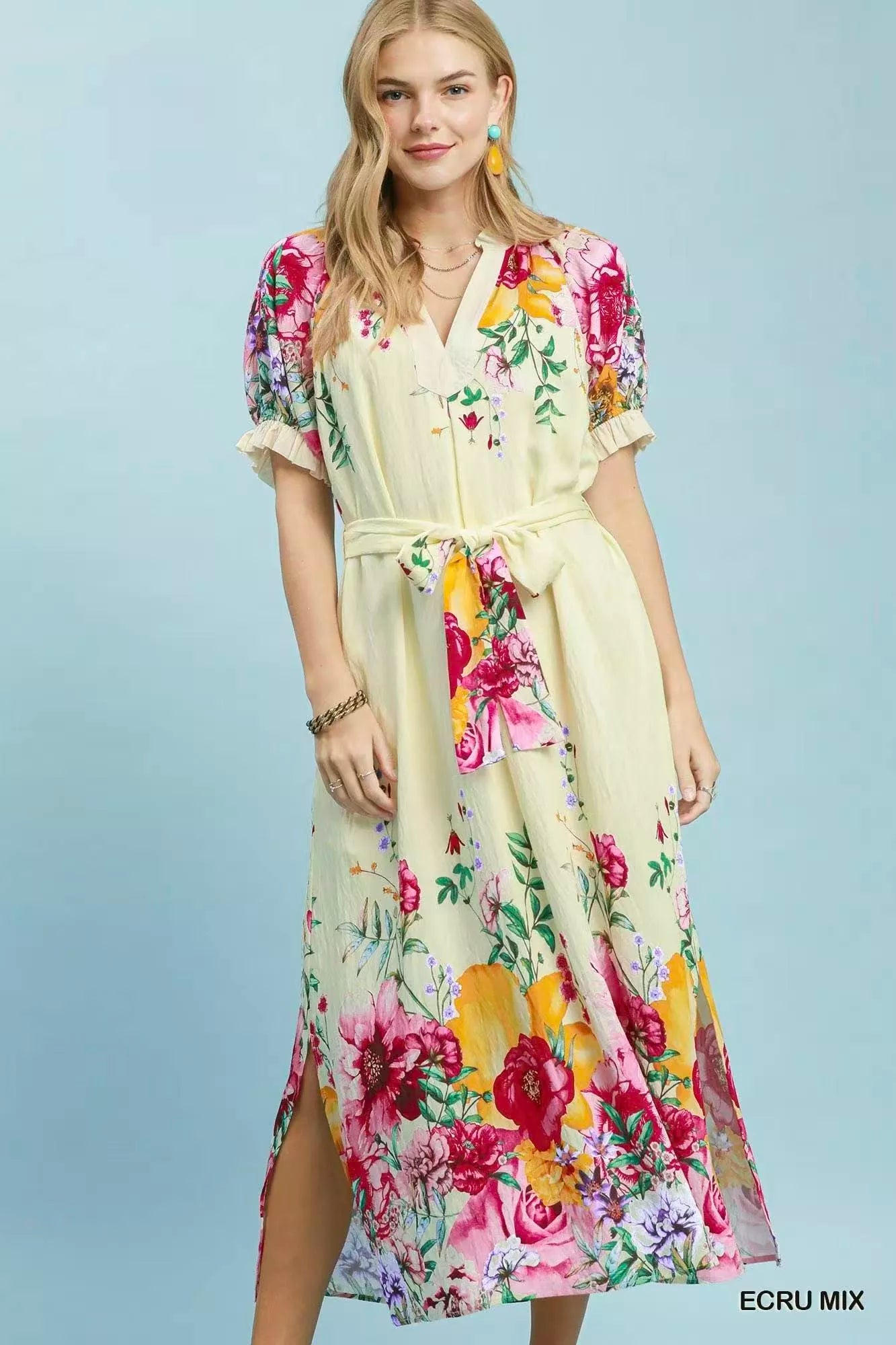 umgee mix floral Umgee Mix Floral Border Print Midi Dress ECRU MIX (dress) - shop at us.meeeshop